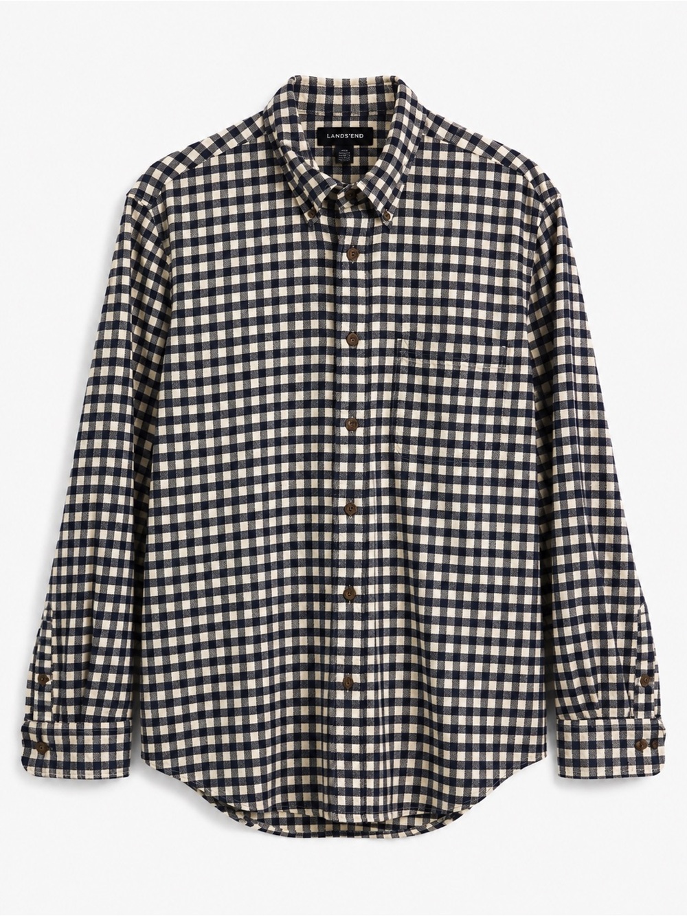 Lands' End Men's L 16-16.5 Navy & White Gingham 100% Cotton Flannel Shirt